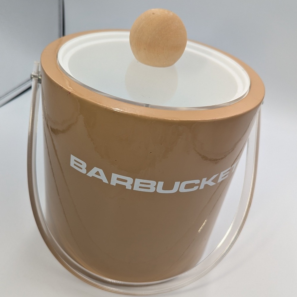 Barbucket Ice Bucket Tan Acrylic Wood Knob Mid Century Modern Style Bar Cart 70s